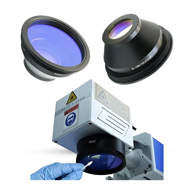 عدسة ماكينة فيبر ليزر مقاس 15*15 سم (F-Theta Lens) تستخدم لتركيز شعاع الليزر بدقة عالية أثناء الحفر والنقش على المعادن