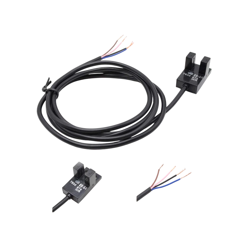 صورة توضيحية لحساس بدايه ونهايه أصلي (وكالة) لطابعة UV-3050 تو دو جت، يظهر الحساس البصري على شكل حرف U (U-shaped photointersector) مع كيبل أسود طويل وأسلاك التوصيل المكشوفة."